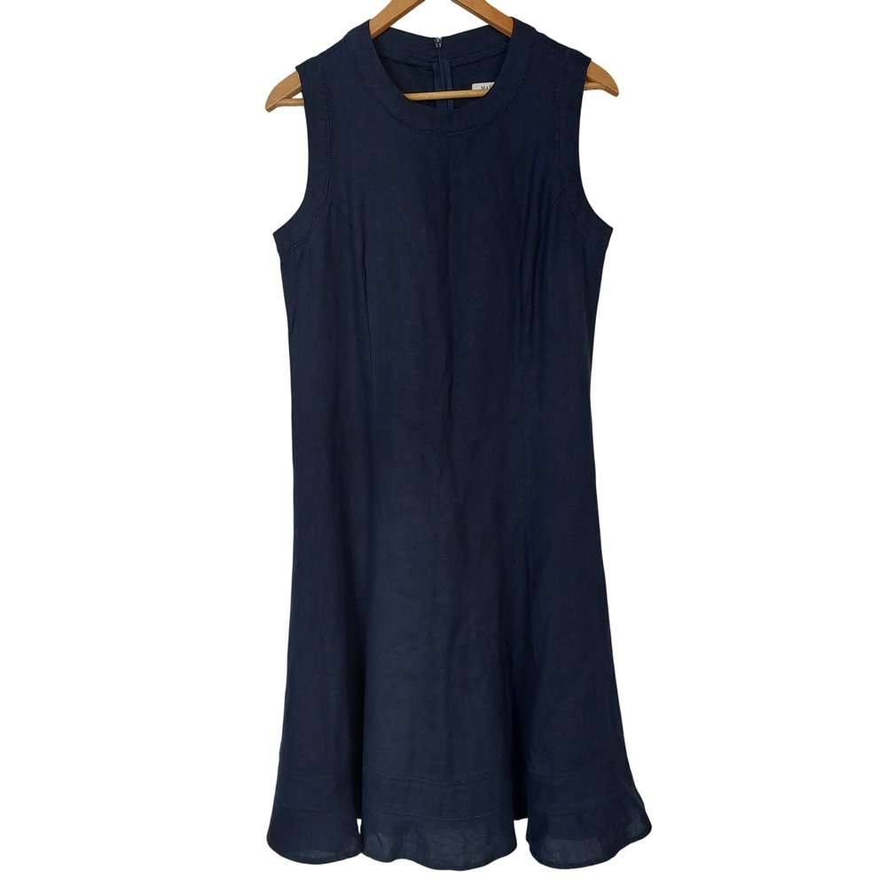 Malvin Hamburg Germany Navy Blue 100% Linen Sleeveless A-Line Midi Dress Size 8‎